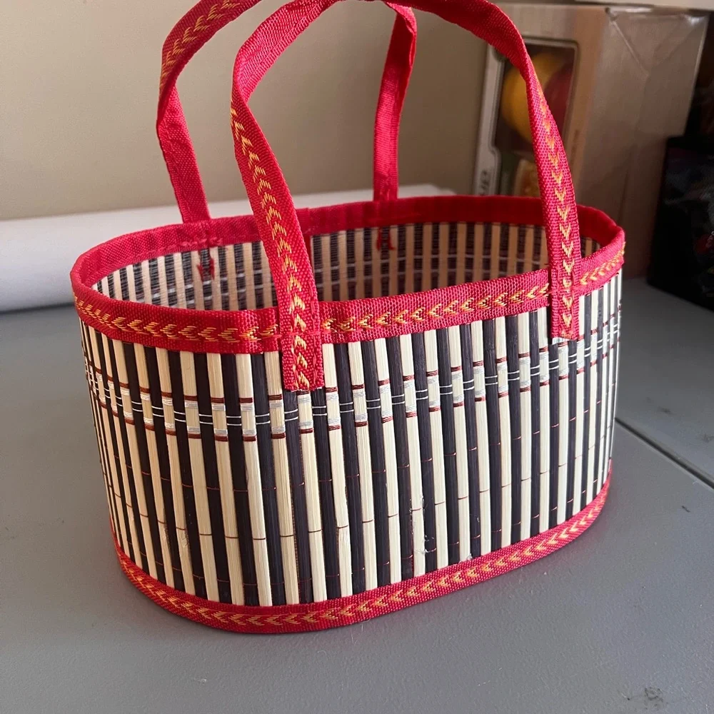 Woven Bamboo Basket with Red Handles | Boho Cottagecore Decor Storage